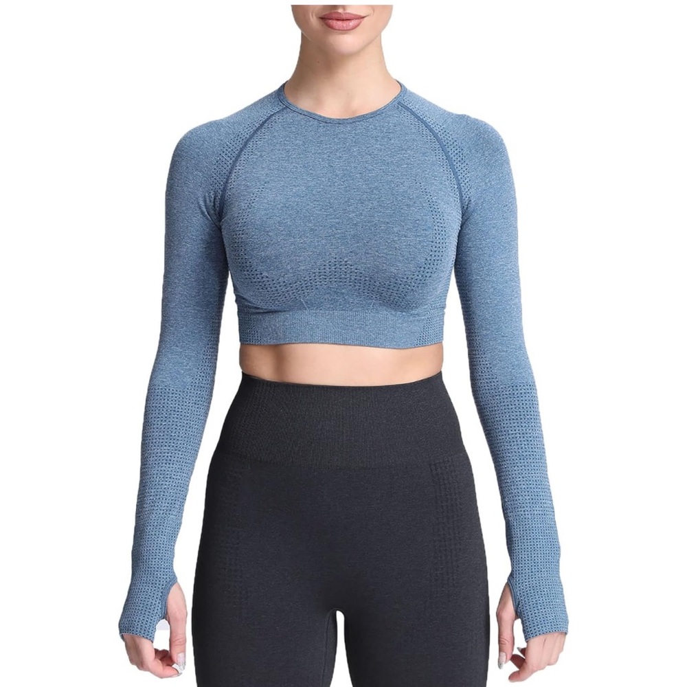 Aoxjox Seamless Blue Heathered Crop Tops Cropped T Shirt Top